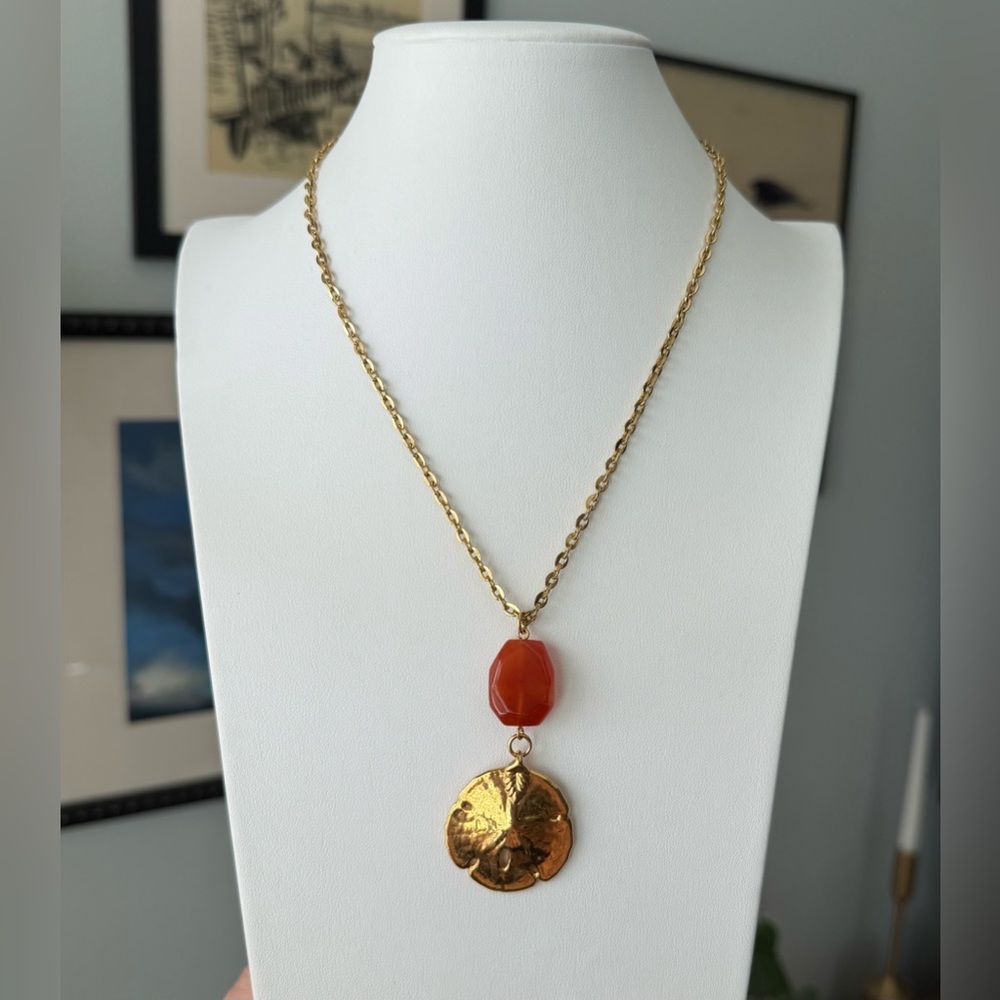 Vintage Goldtone Sand dollar Pendant Necklace with Red Carnelian Stone Bead